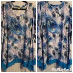 One World Embellished Peacock Feather Blouse SZ XL